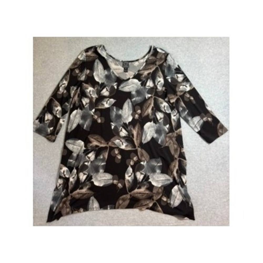 Clara Sun Woo Tunic Top Womens XL Black Grey Leaf Print 3/4 Sleeve Sharkbite Hem